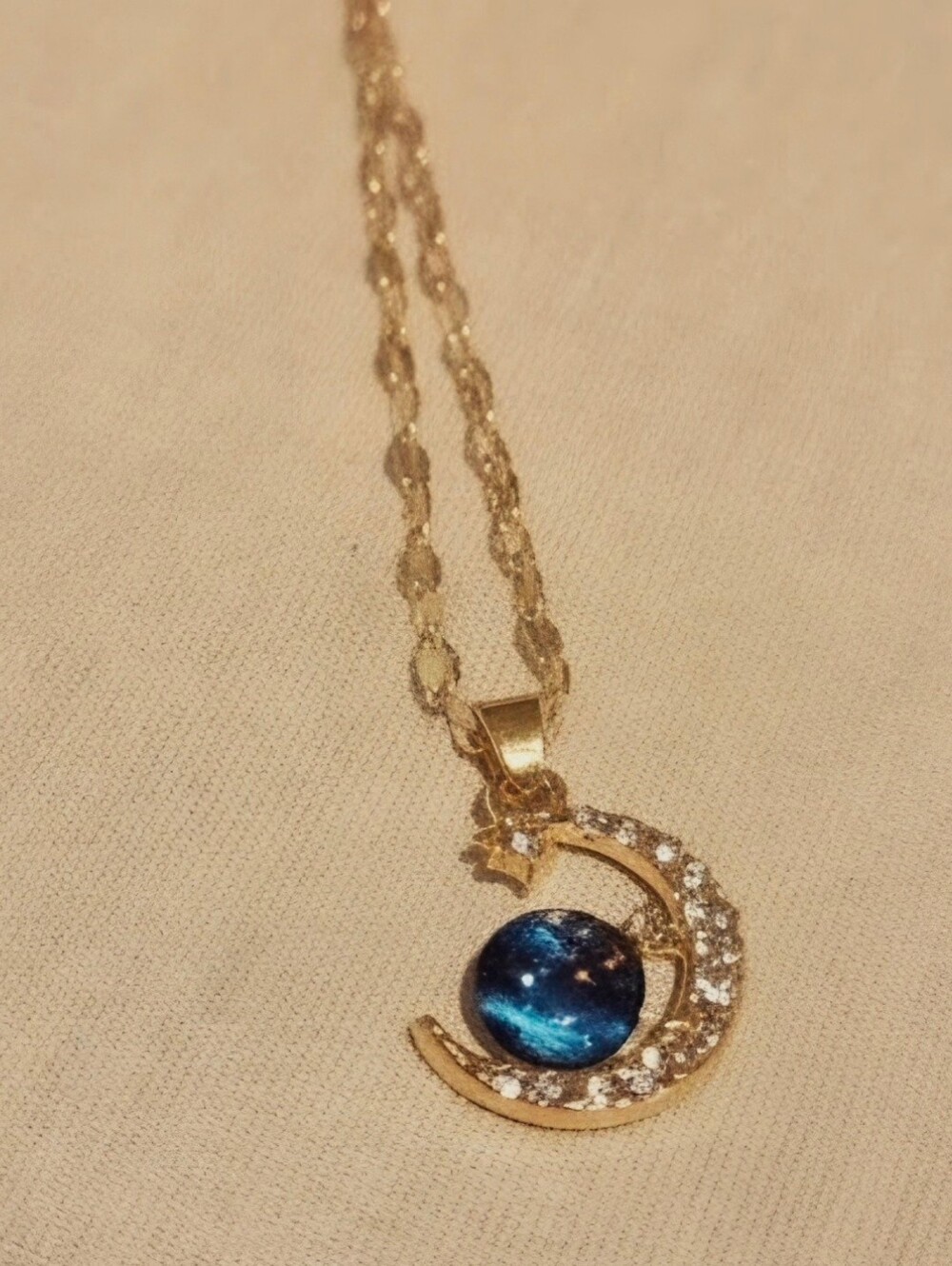 Gold Tone Alloy Material - Moon & Blue Galaxy Pendant Necklace - Women Jewelry